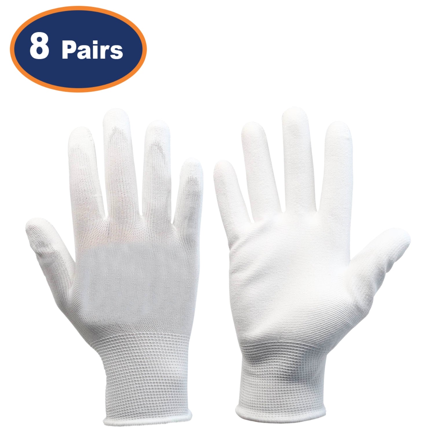 8Pairs Large White Non-Slip PU Palm Coated Work Gloves