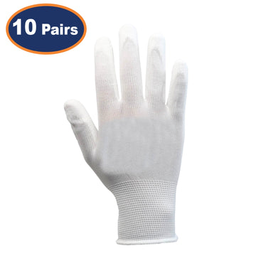 10Pairs Medium White Non-Slip PU Palm Coated Work Gloves