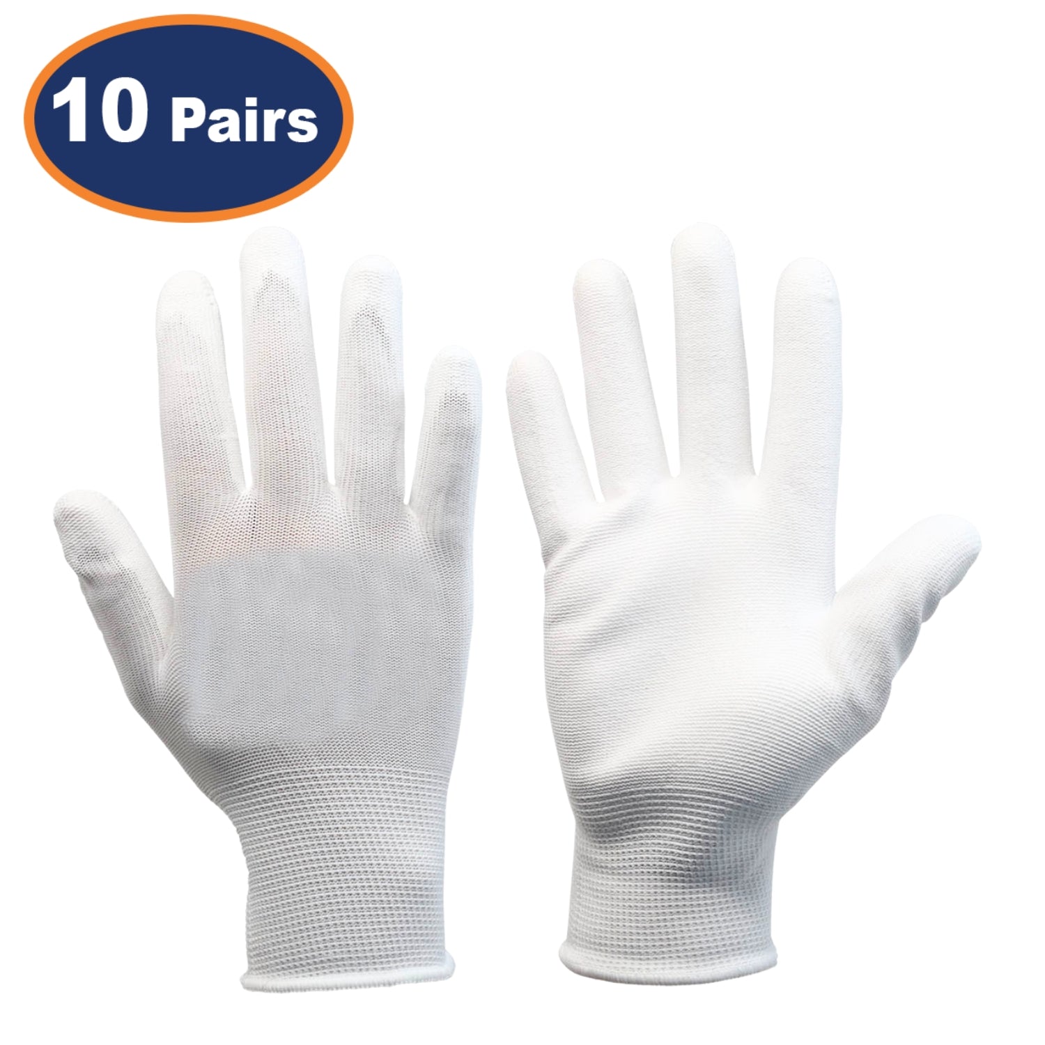 10Pairs Medium White Non-Slip PU Palm Coated Work Gloves