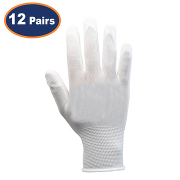 12Pairs XS White Non-Slip PU Palm Coated Work Gloves