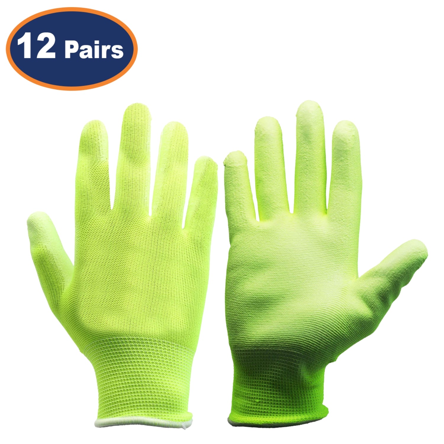 12Pairs Medium Yellow Non-Slip PU Palm Coated Work Gloves