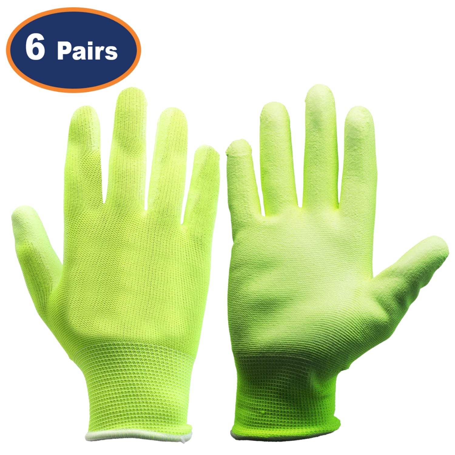 6Pairs Medium Yellow Non-Slip PU Palm Coated Work Gloves