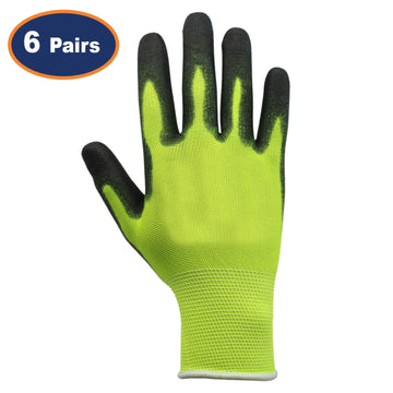 6Pairs Large Yellow & Black Non-Slip PU Palm Coated Work Gloves