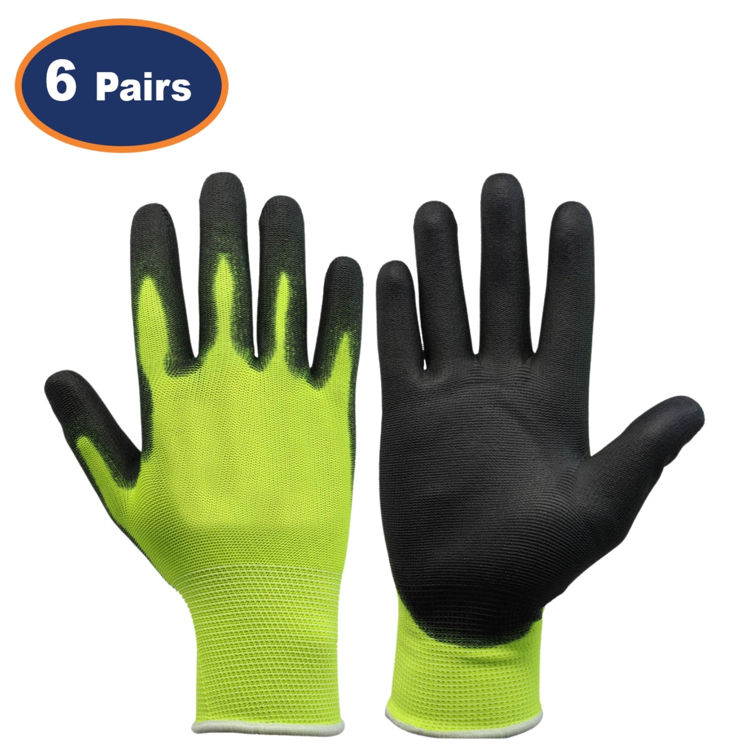 6Pairs Medium Yellow & Black Non-Slip PU Palm Coated Work Gloves