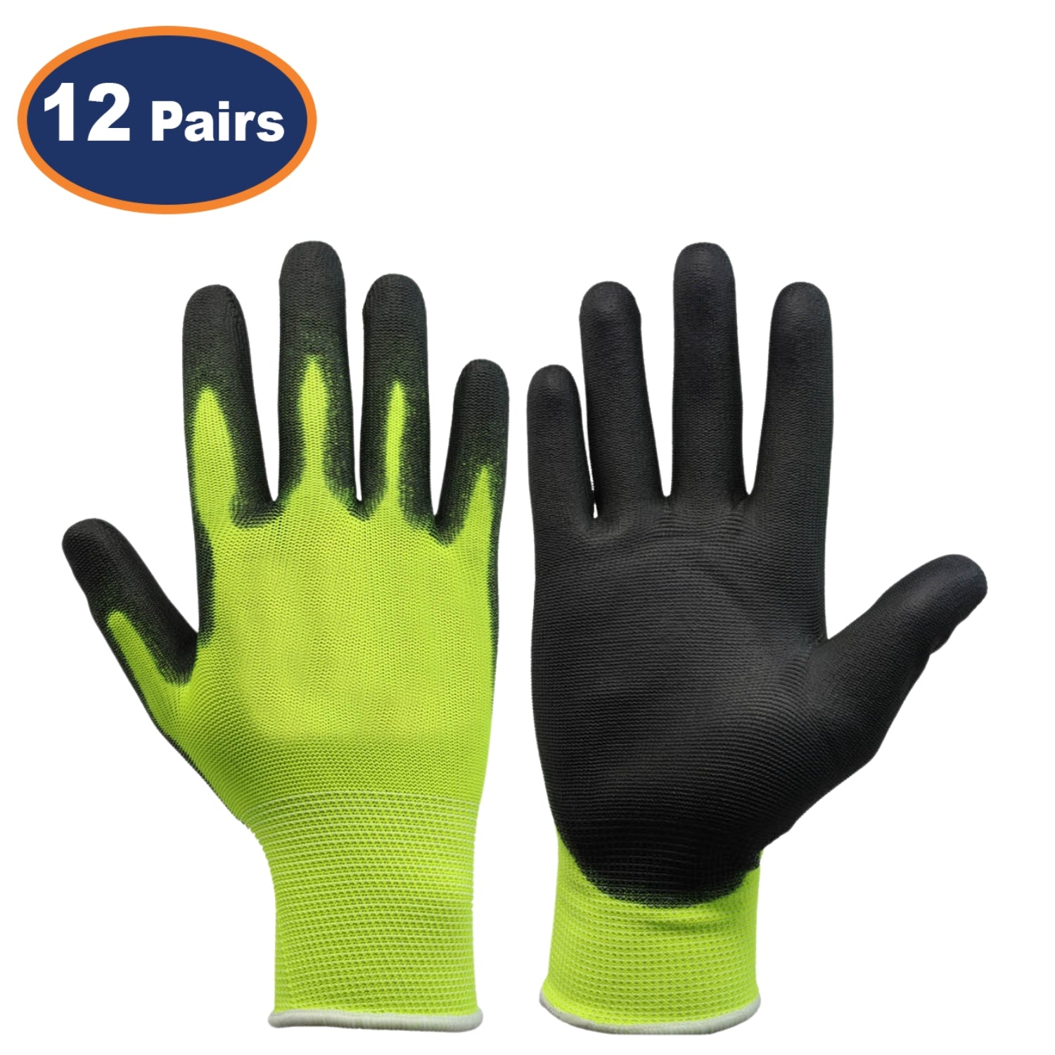 12Pairs XS Yellow & Black Non-Slip PU Palm Coated Work Gloves