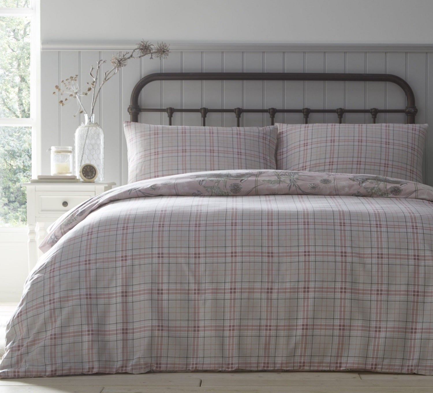 Rabbit Meadow King Duvet Cover Bedding Set - Blush Pink