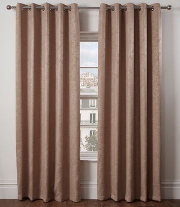 Regency Damask Taupe Eyelet Ring Top Curtains 66" x 72"