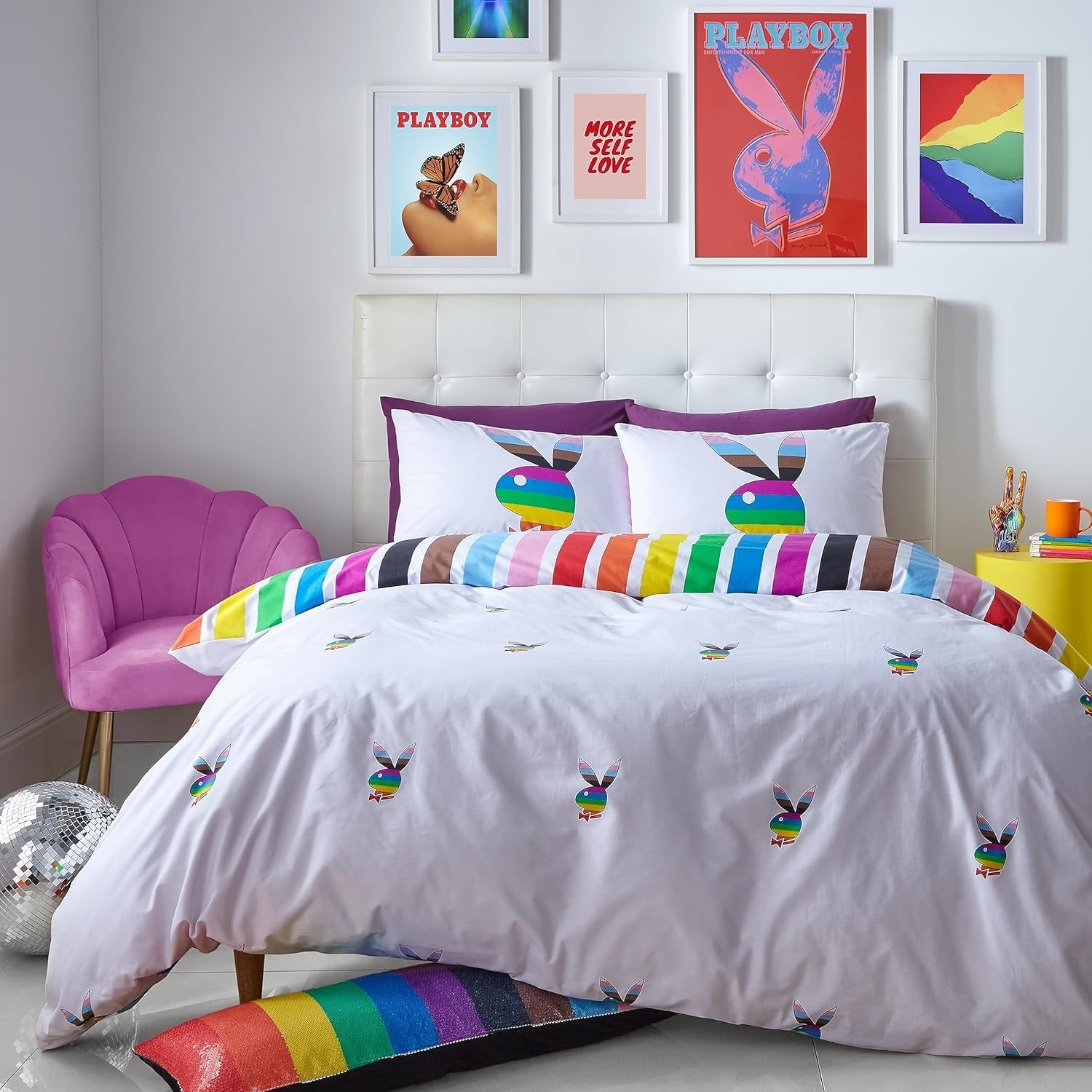 Playboy Rainbow Bunny Duvet Cover Set, Double, White