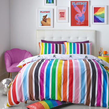 Playboy Rainbow Bunny Duvet Cover Set, Double, White