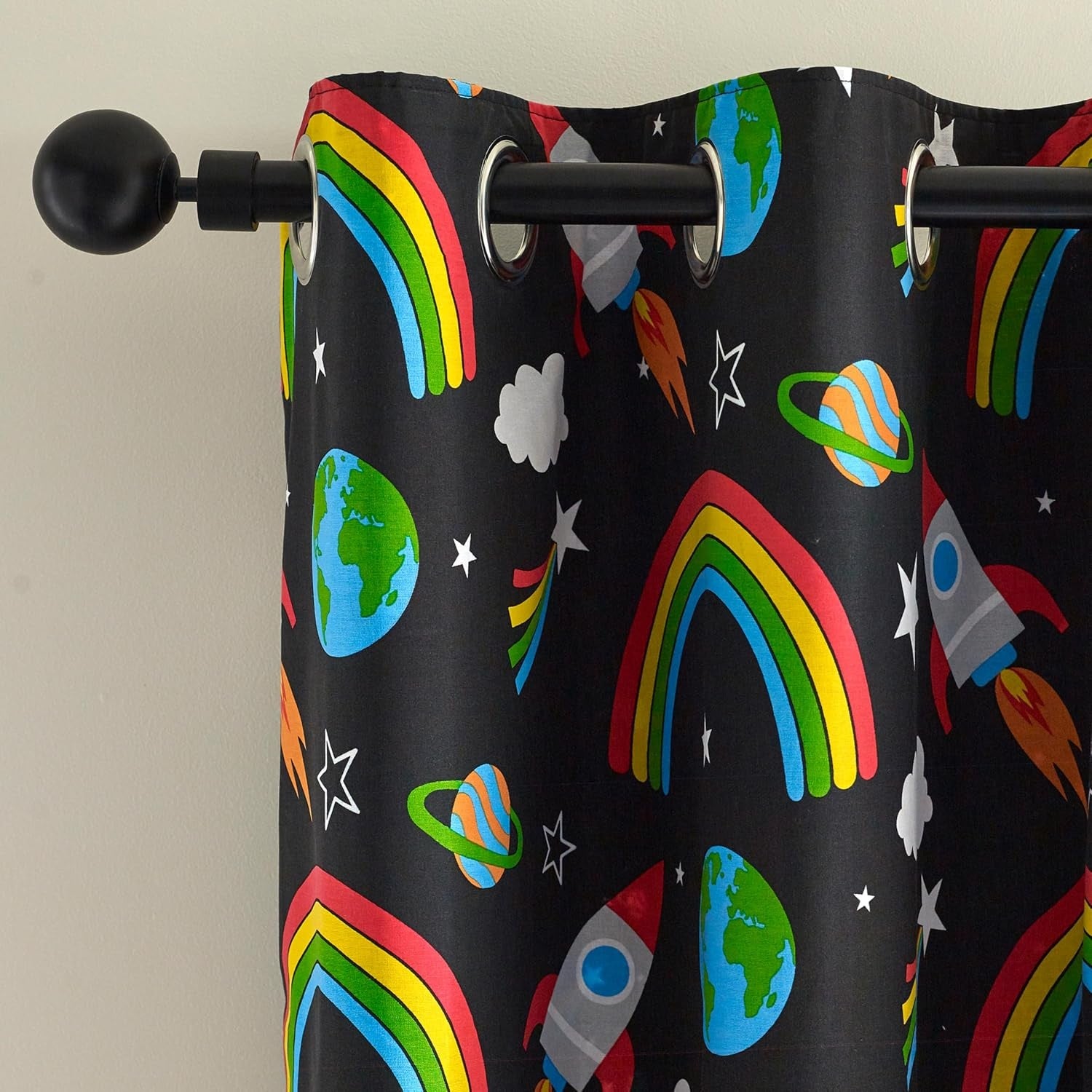 Catherine Lansfield Space Rocket Eyelet Ring Top Lined Curtains 66" x 72" - Black