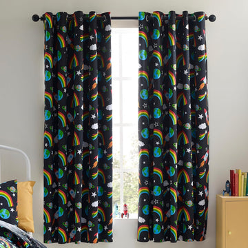 Catherine Lansfield Space Rocket Eyelet Ring Top Lined Curtains 66" x 72" - Black