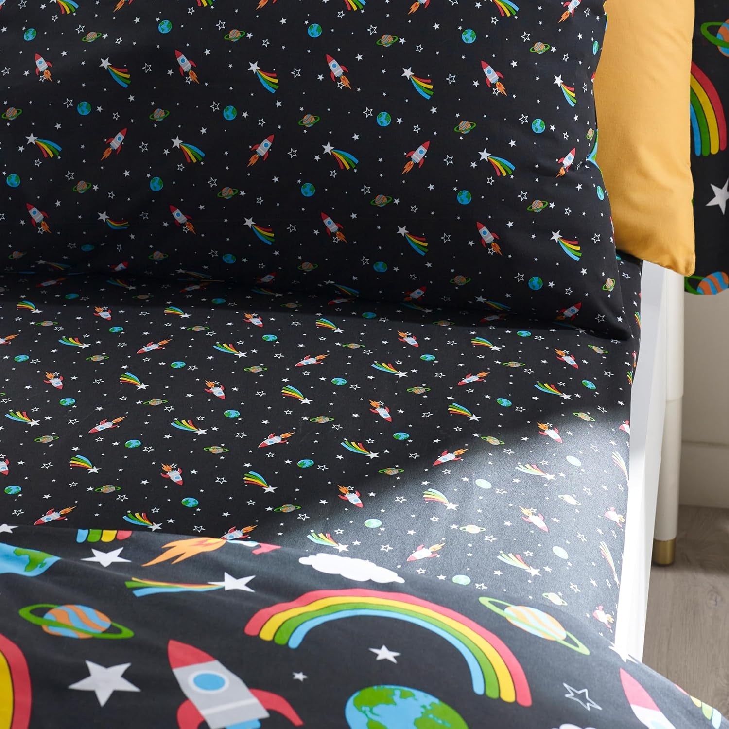 Catherine Lansfield Outer Space Rocket Fitted Sheet, Fully Elasticated, Single, Black