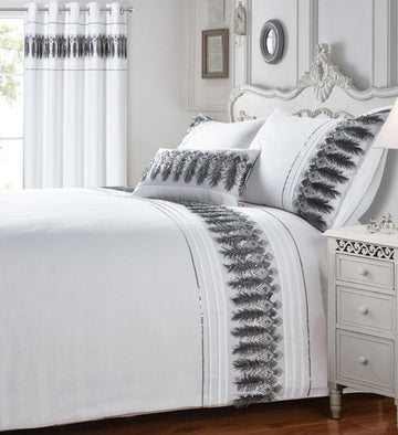 Embroidered Feathers Duvet Cover Set White Grey Super King