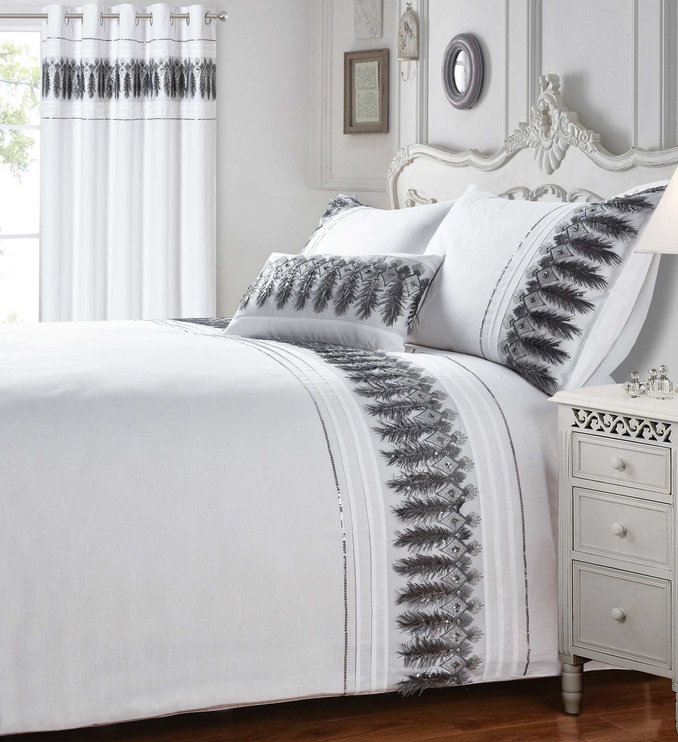 Embroidered Feathers Duvet Cover Set White Grey Single