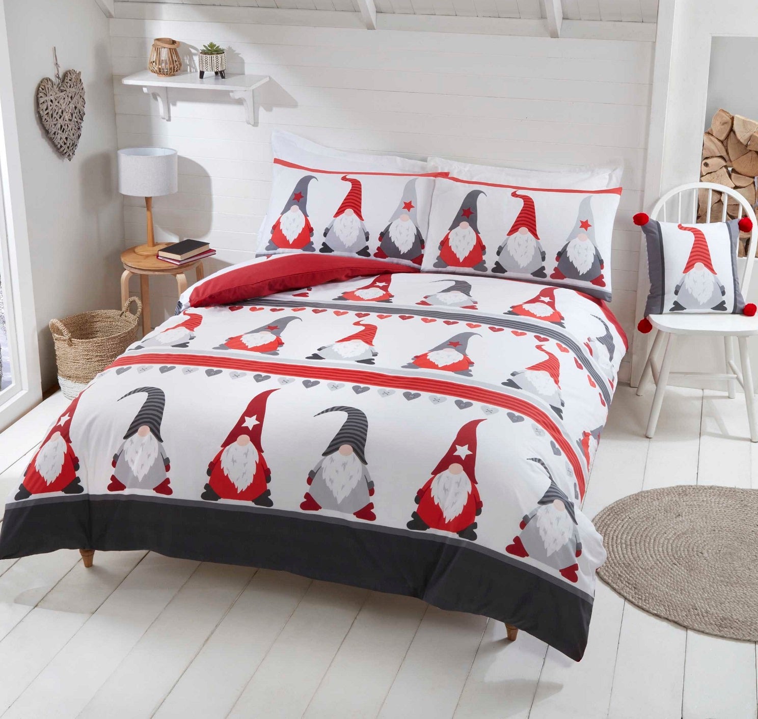 Xmax Festive Gonks Duvet Cover Set, Red & Grey, Double