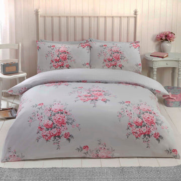 Shabby Chic Brushed Cotton Flannelette Duvet Cover Set, Single, Grey