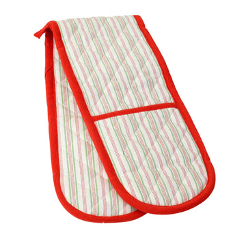 Multi Striped Double Oven Gloves 100% Cotton, Red & Green