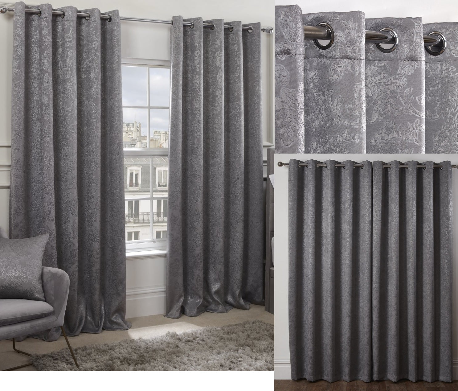 Regency Damask Silver Eyelet Ring Top Curtains 46" x 54"