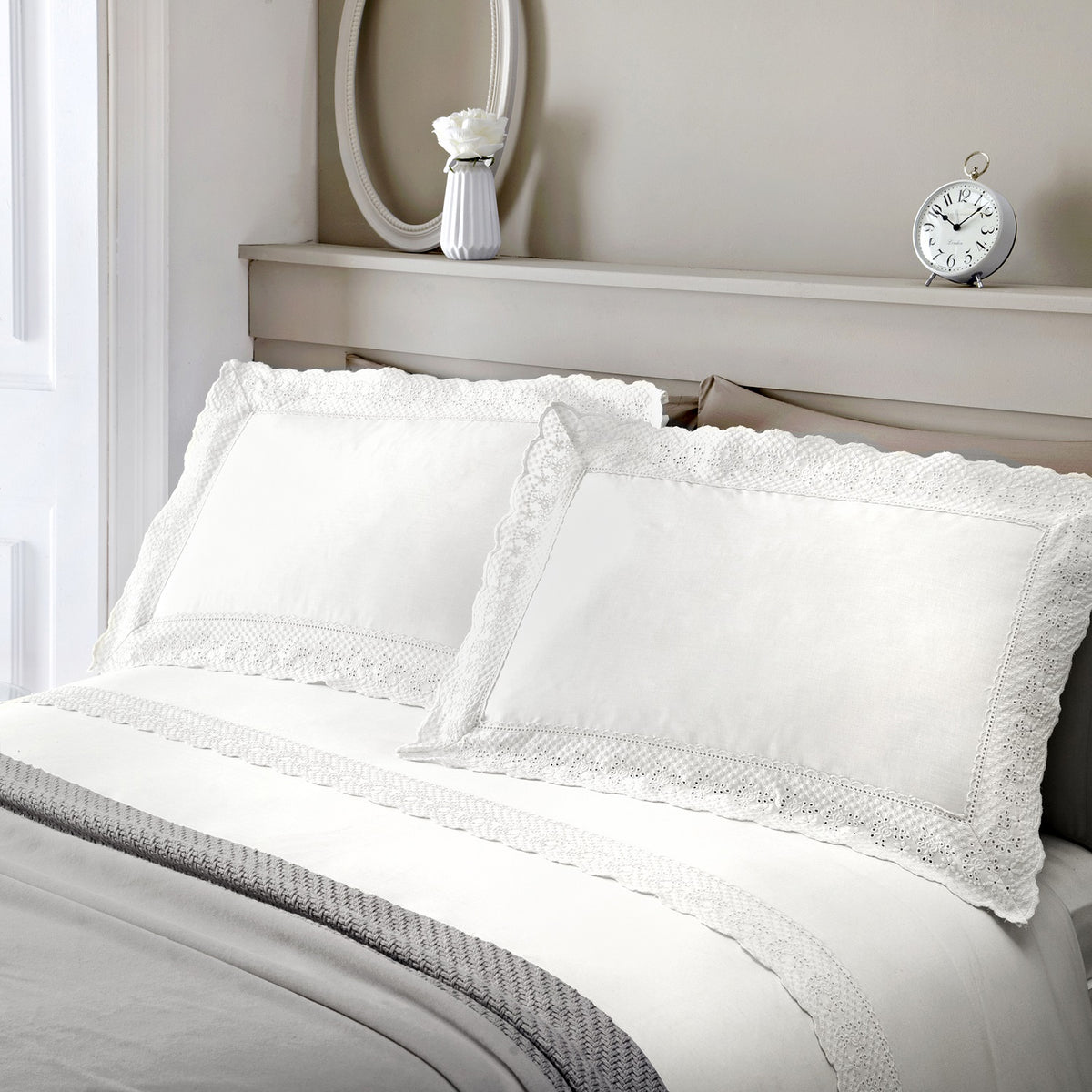 Embroidered Lace Trim Double Duvet Cover set - Renaissance White