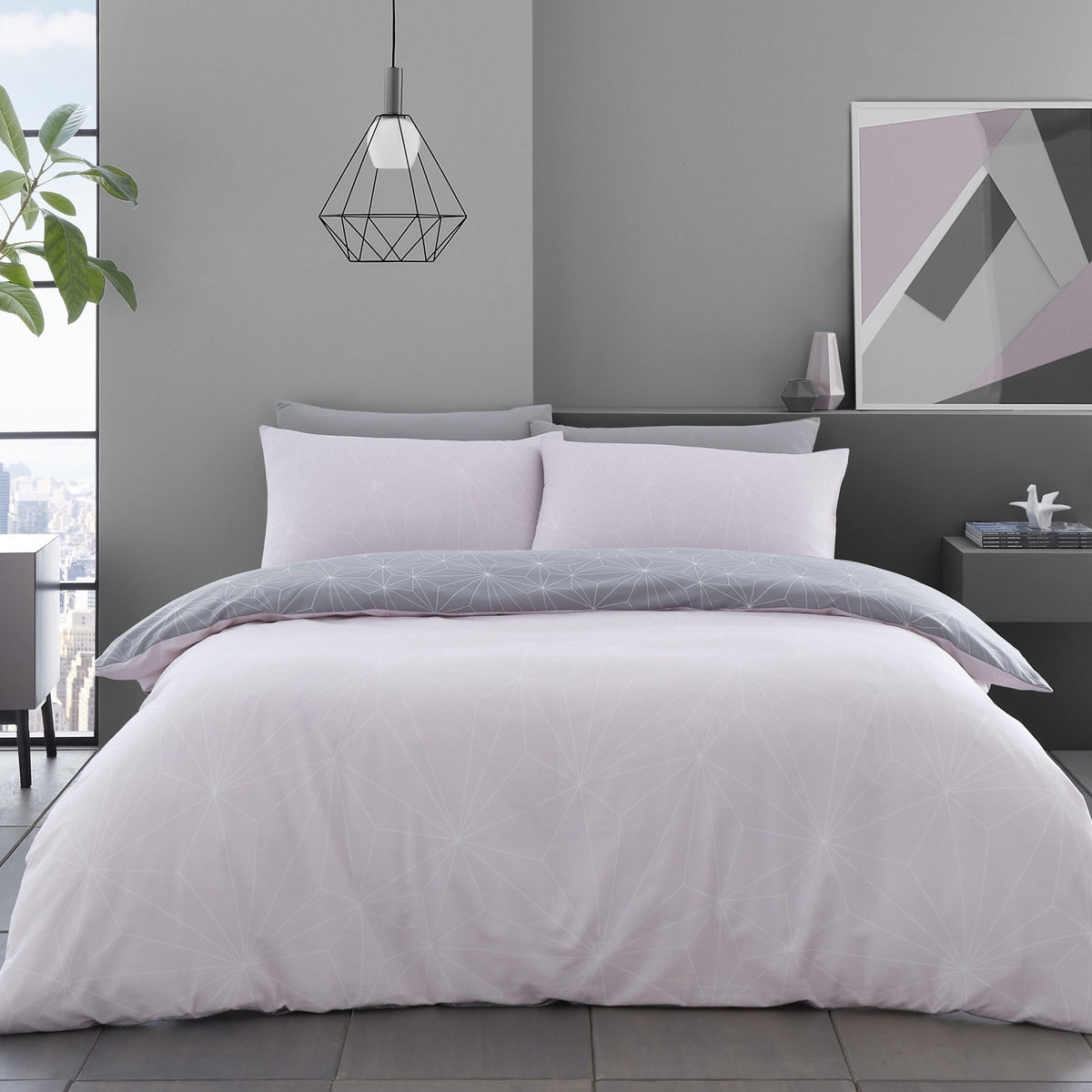 Geometric Triangles Duvet Cover Set, Double, Blush Pink