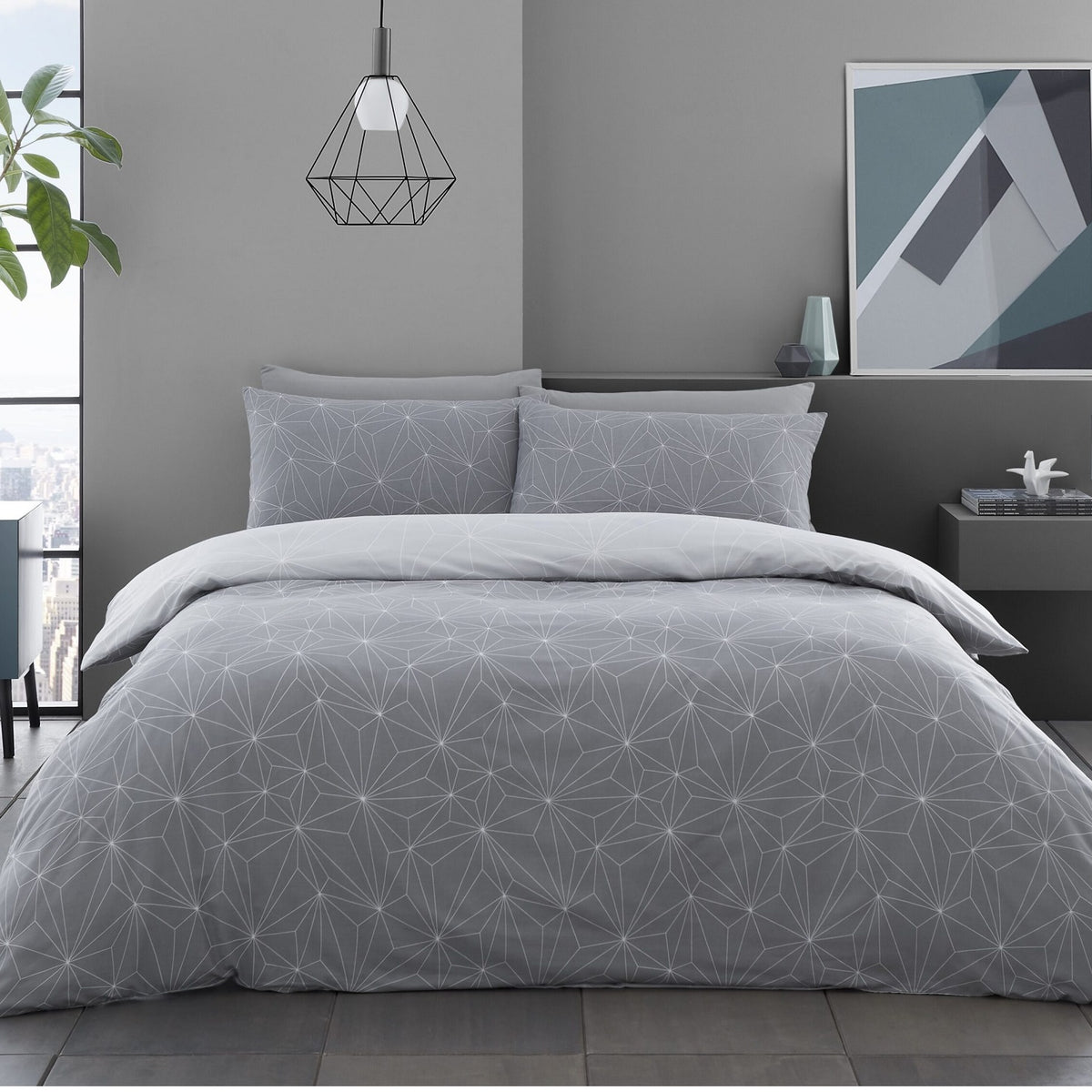 Geometric Triangles Shapes Duvet Cover Set, Double, Grey