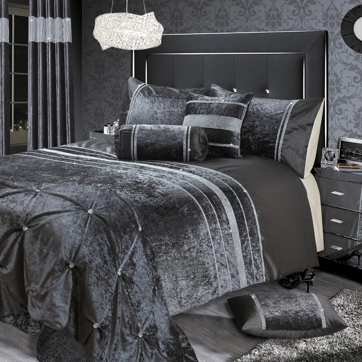 Luxury Crushed Velvet Diamante Duvet Cover Set, Double, Charcoal