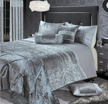 Luxury Crushed Velvet Diamante Duvet Cover Set, Single, Silver Grey