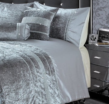 Luxury Crushed Velvet Diamante Duvet Cover Set, Double, Silver Grey