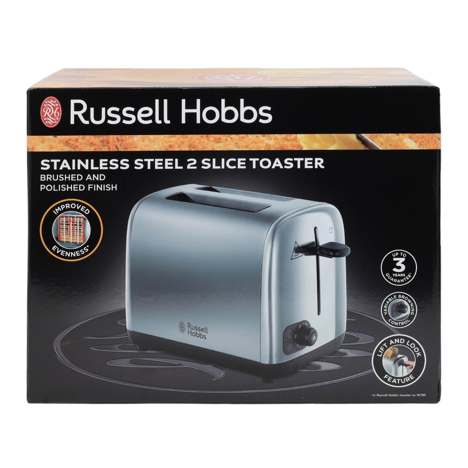 Russell Hobbs Brushed Silver & Black 2 Slice Silver Toaster