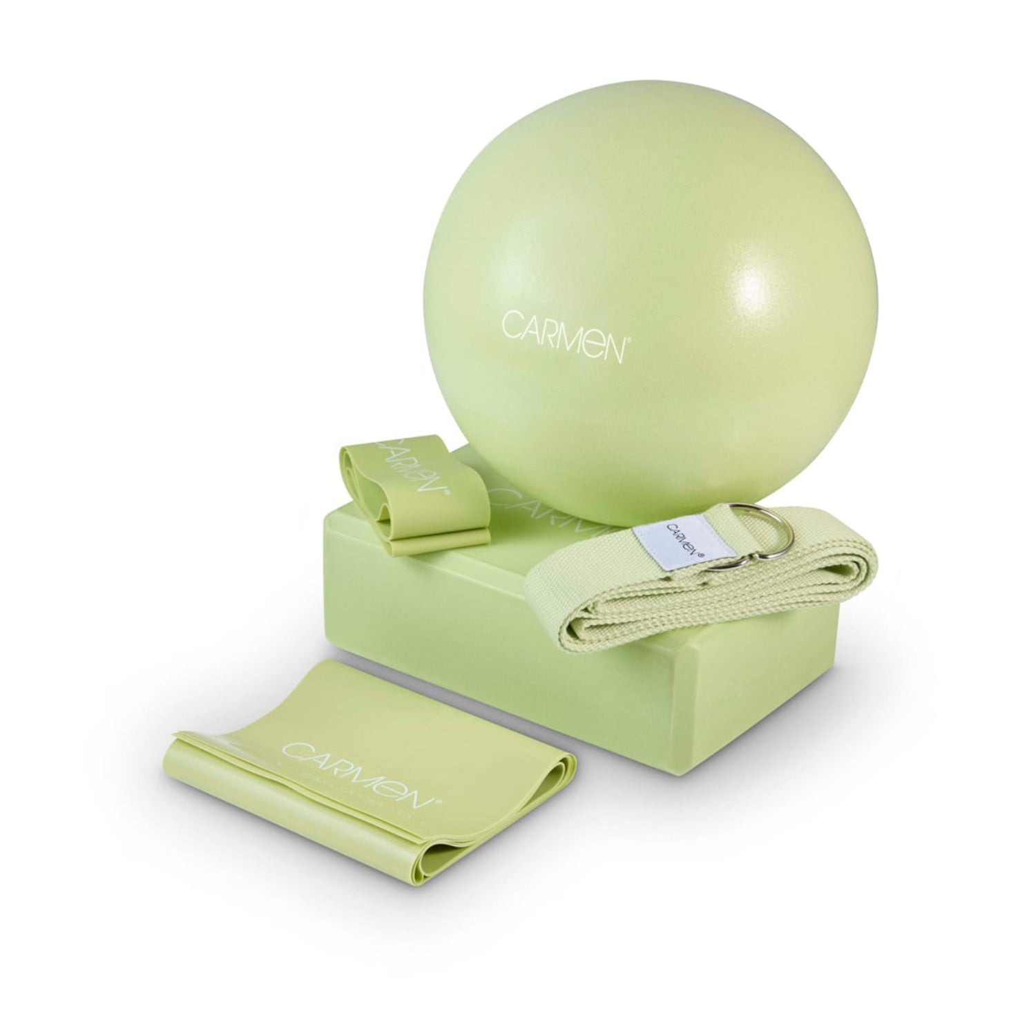 Carmen 5-Piece Pilates Ball Block Strap Bands Green Yoga Starter Kit