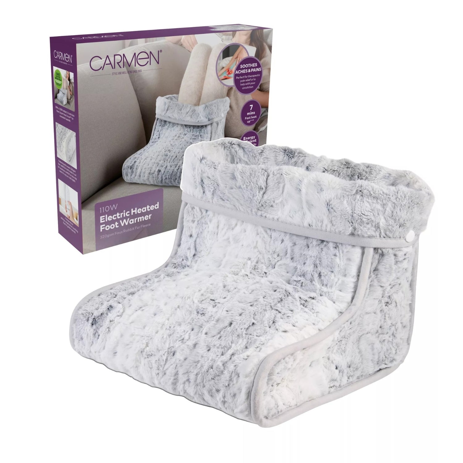 Carmen 110W Electric Heated Foot Warmer Faux Fur Grey