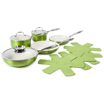 Tower 9 Piece Pro Green Kitchen Pan Set With Felt Protector