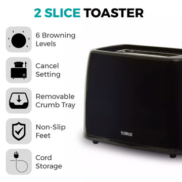 Tower 650W Black 2-Slice Toaster