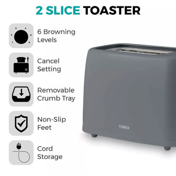 Tower 650W Grey 2-Slice Toaster