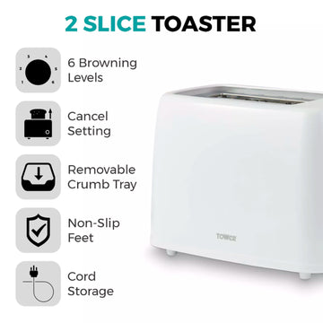 Tower 650W White 2-Slice Toaster