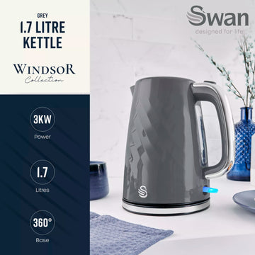 Swan Windsor Grey 1.7L Rapid Boil Kettle & 2-Slice Toaster Set