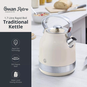 Swan Retro Traditional Kettle Electric 1.7L Chantilly Cream