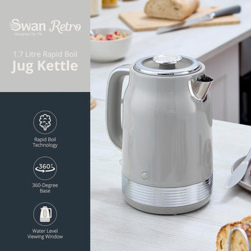 Swan Retro Grey 1.7L Kettle & 4 Slice Toaster Set