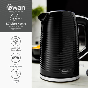 Swan Wave Black Ripple Textured 1.7L Kettle & Toaster Set