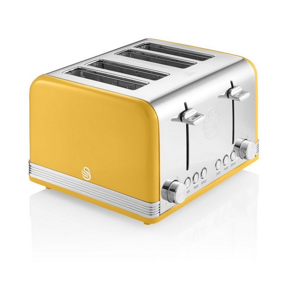 Swan 1600W Retro Yellow Stainless Steel 4 Slice Toaster