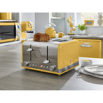 Swan 1600W Retro Yellow Stainless Steel 4 Slice Toaster