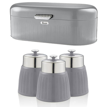 4Pcs Swan Grey Canisters & Bread Bin Set