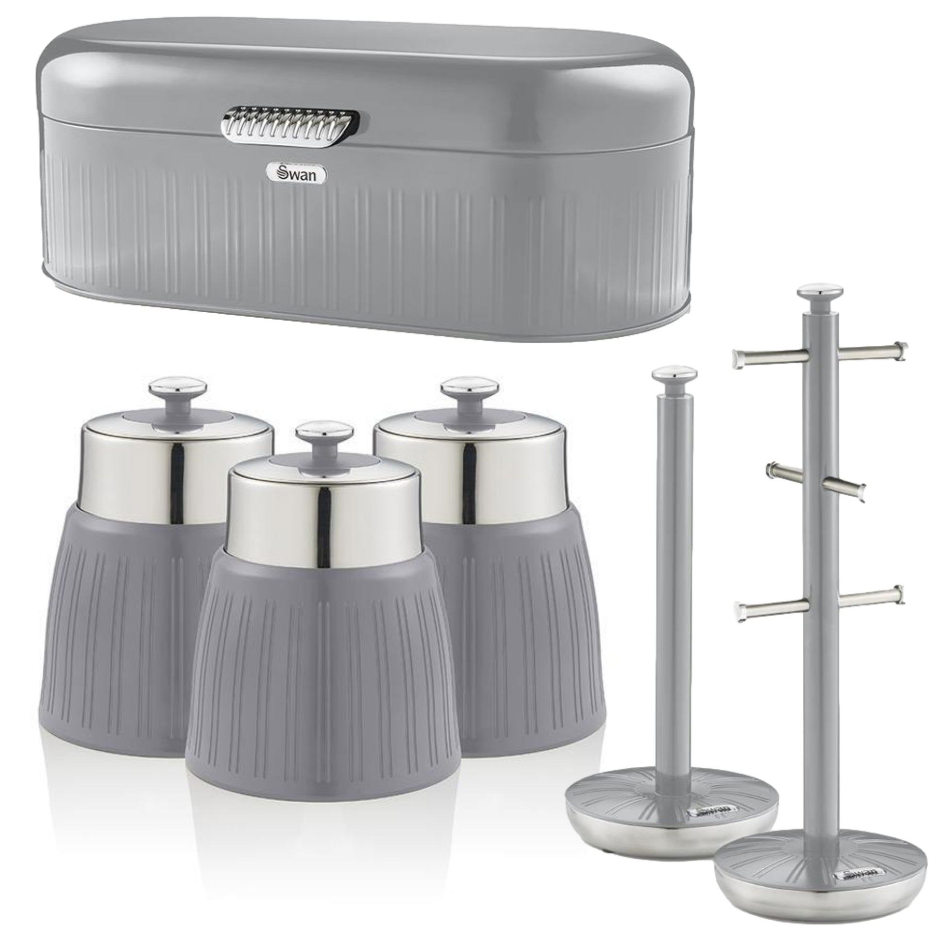 6Pcs Swan Grey Canisters Bread Bin Towel Pole & Mug Tree Set