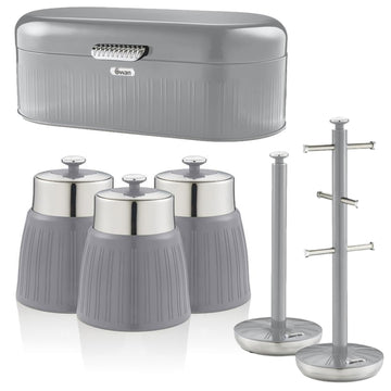 6Pcs Swan Grey Canisters Bread Bin Towel Pole & Mug Tree Set