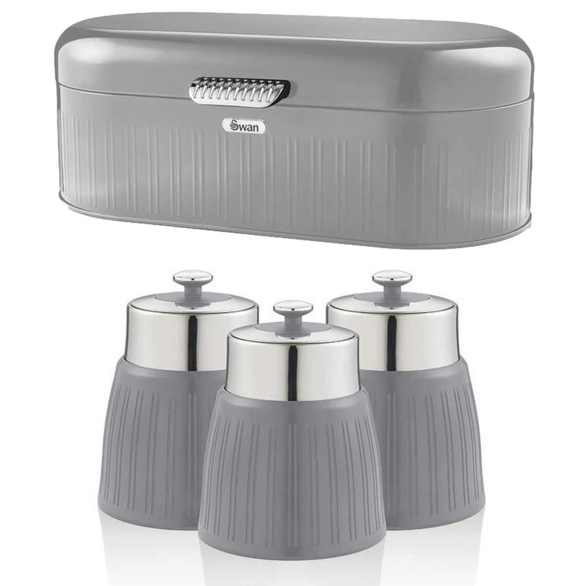 4Pcs Swan Grey Canisters & Bread Bin Set