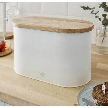 Swan White Nordic Steel Bread Bin With Bamboo Cutting Board Top Lid