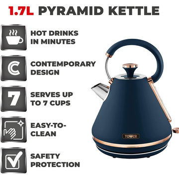Tower Cavaletto 1.7L 3000W Blue Gold Electric Pyramid Kettle