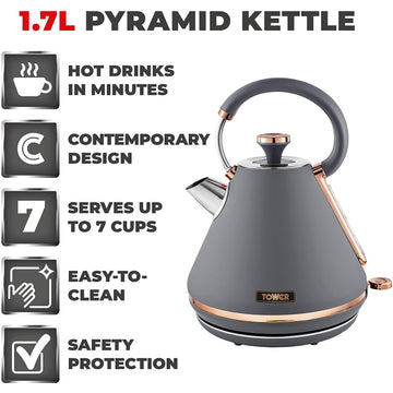 Tower Cavaletto 1.7L 3000W Grey Gold Electric Pyramid Kettle
