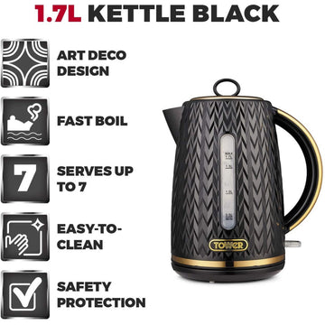 Tower Empire 1.7L 3000W Black Brass Accents Electric Kettle