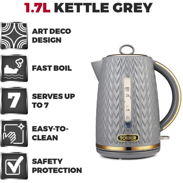 Tower Empire 1.7L 3000W Grey Brass Accents Electric Kettle